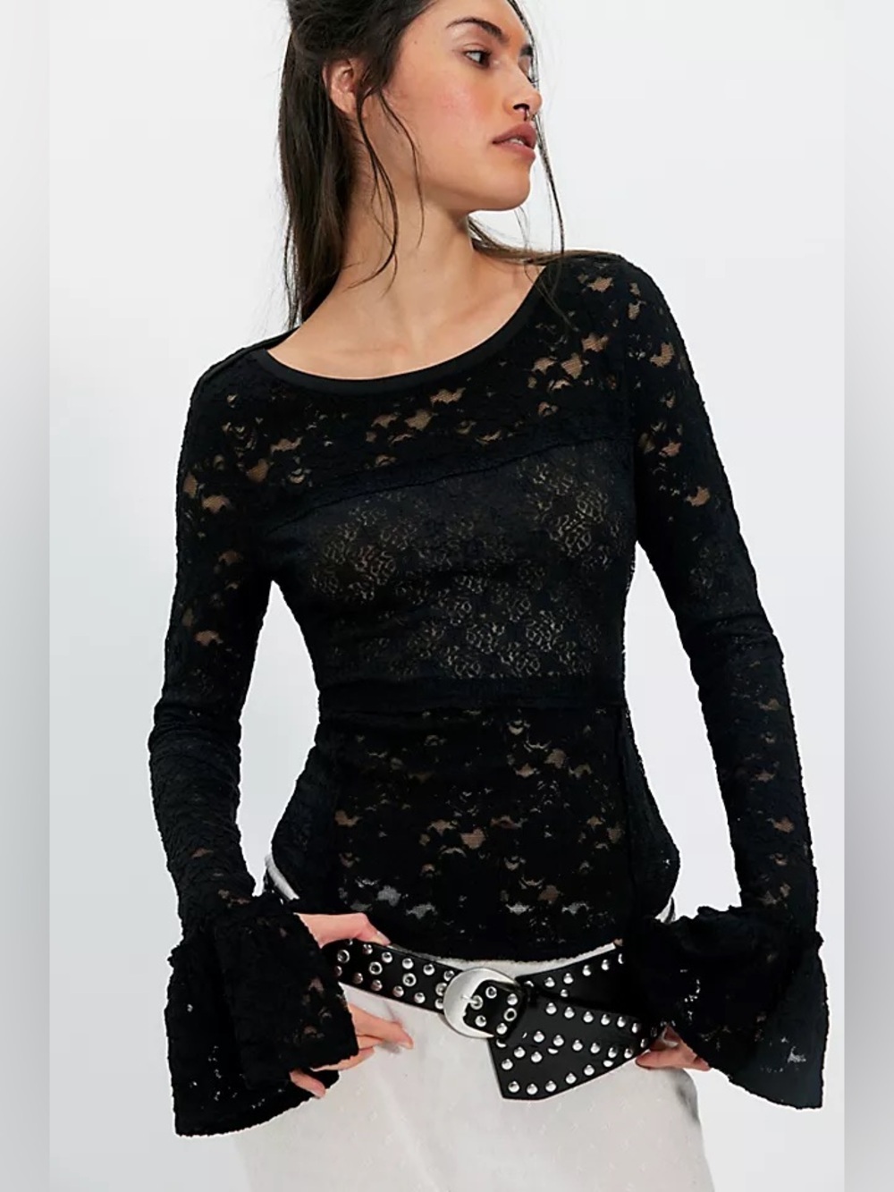 Free People Sheer Lace Flared Long Sleeve Top